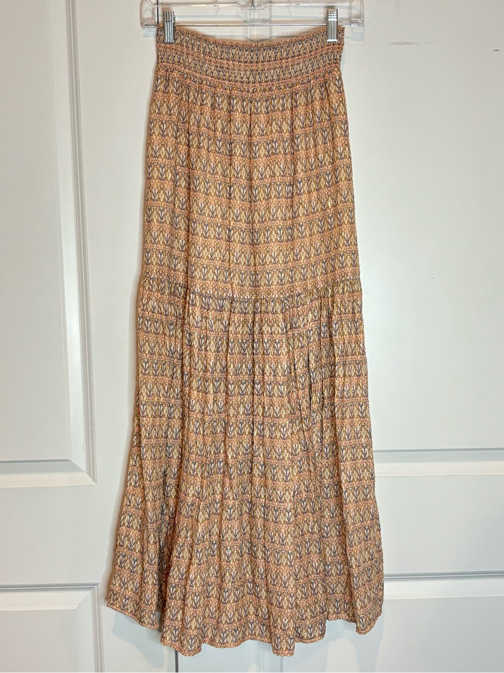Intermix Blue Pink Tan Gold Metallic Print Silk Blend Smock Waist Maxi Skirt S